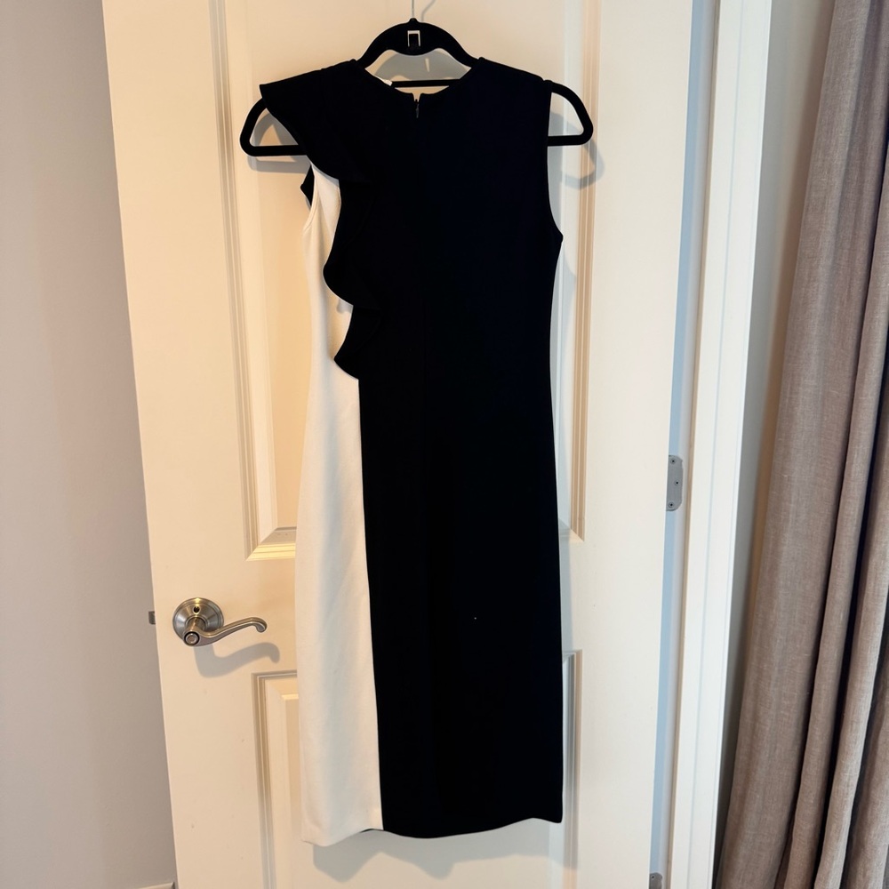 Shoshanna Aventura Colorblock Black & White Ruffle Front Sheath Dress | Size 4 - Picture 4 of 5